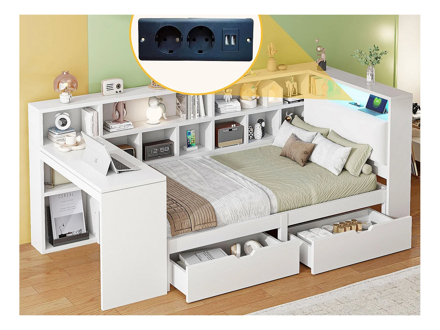 Lit enfant 90x200cm - avec 2 tiroirs et station de charge - avec lumières LED colorées - blanc (sans matelas)