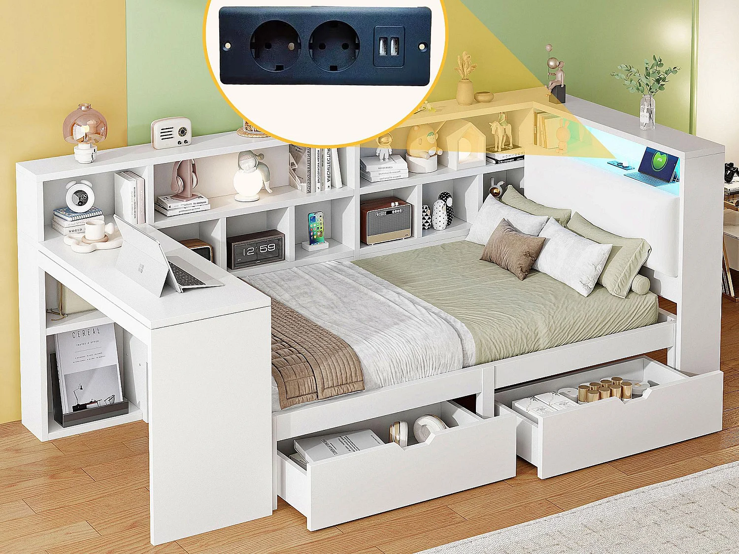 Kinderbed 90x200cm - met 2 lades en oplaadstation - met gekleurde LED-verlichting - wit (zonder matras)