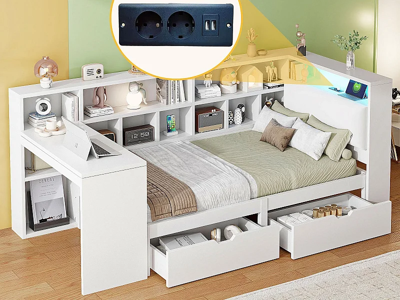 Cama infantil 90x200cm - com 2 gavetas e estação de carga - com luzes LED coloridas - branca (sem colchão)