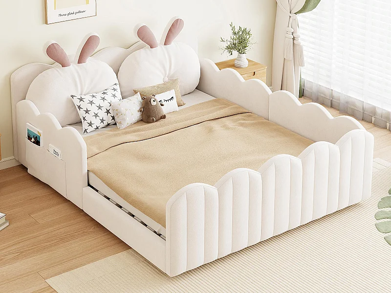 Lit double rembourré 140x200 cm - avec coussins en forme de lapin - avec sommier à lattes - beige(sans matelas)