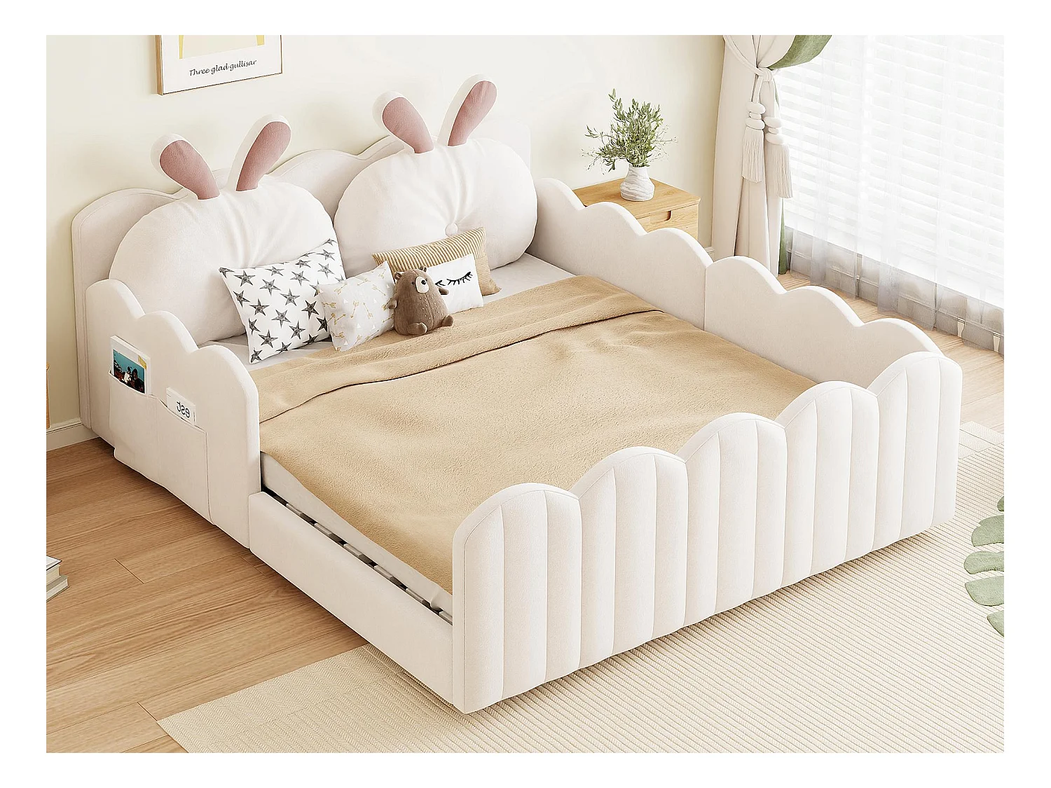 Lit double rembourré 140x200 cm - avec coussins en forme de lapin - avec sommier à lattes - beige(sans matelas)