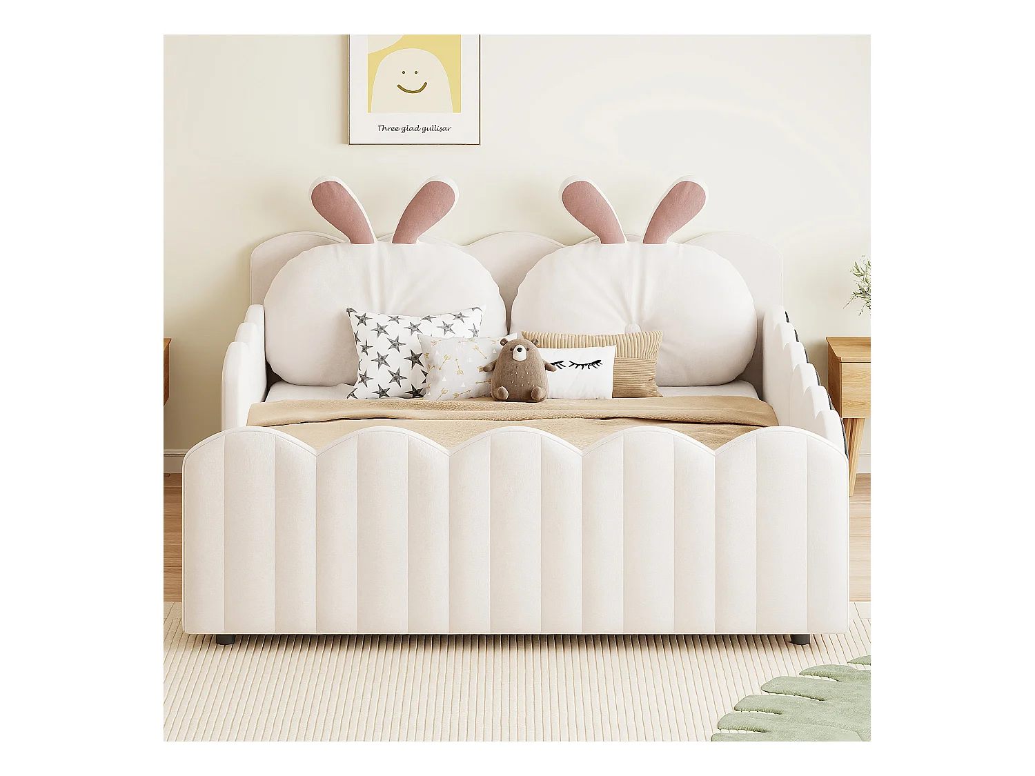 Lit double rembourré 140x200 cm - avec coussins en forme de lapin - avec sommier à lattes - beige(sans matelas)