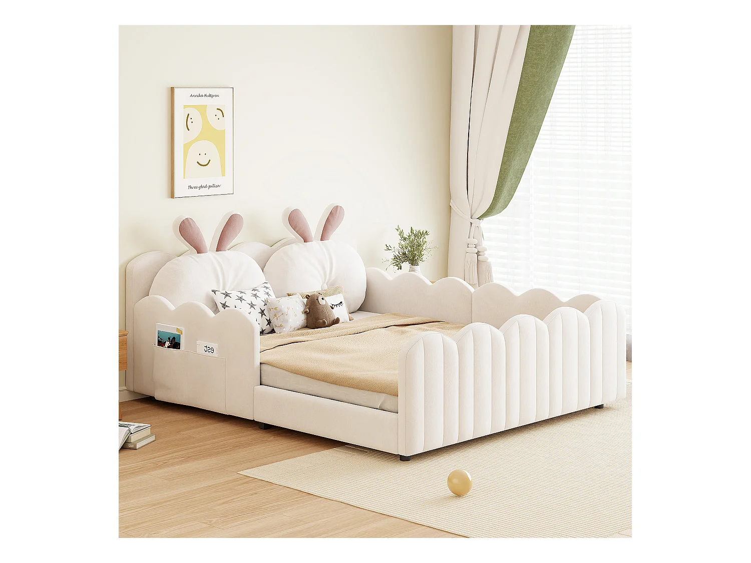 Lit double rembourré 140x200 cm - avec coussins en forme de lapin - avec sommier à lattes - beige(sans matelas)