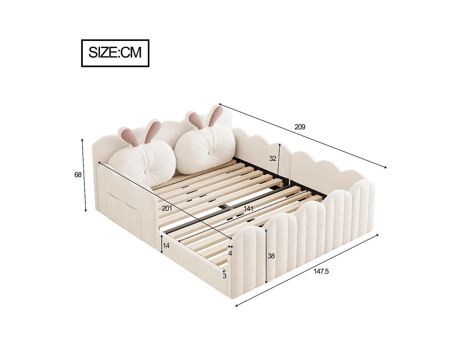 Lit double rembourré 140x200 cm - avec coussins en forme de lapin - avec sommier à lattes - beige(sans matelas)