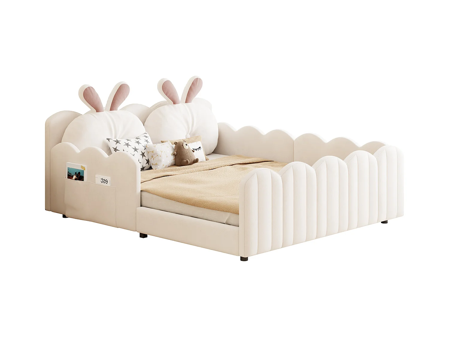 Lit double rembourré 140x200 cm - avec coussins en forme de lapin - avec sommier à lattes - beige(sans matelas)