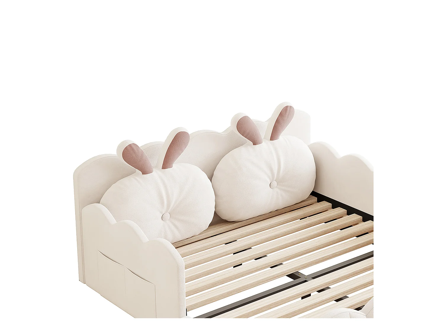 Lit double rembourré 140x200 cm - avec coussins en forme de lapin - avec sommier à lattes - beige(sans matelas)