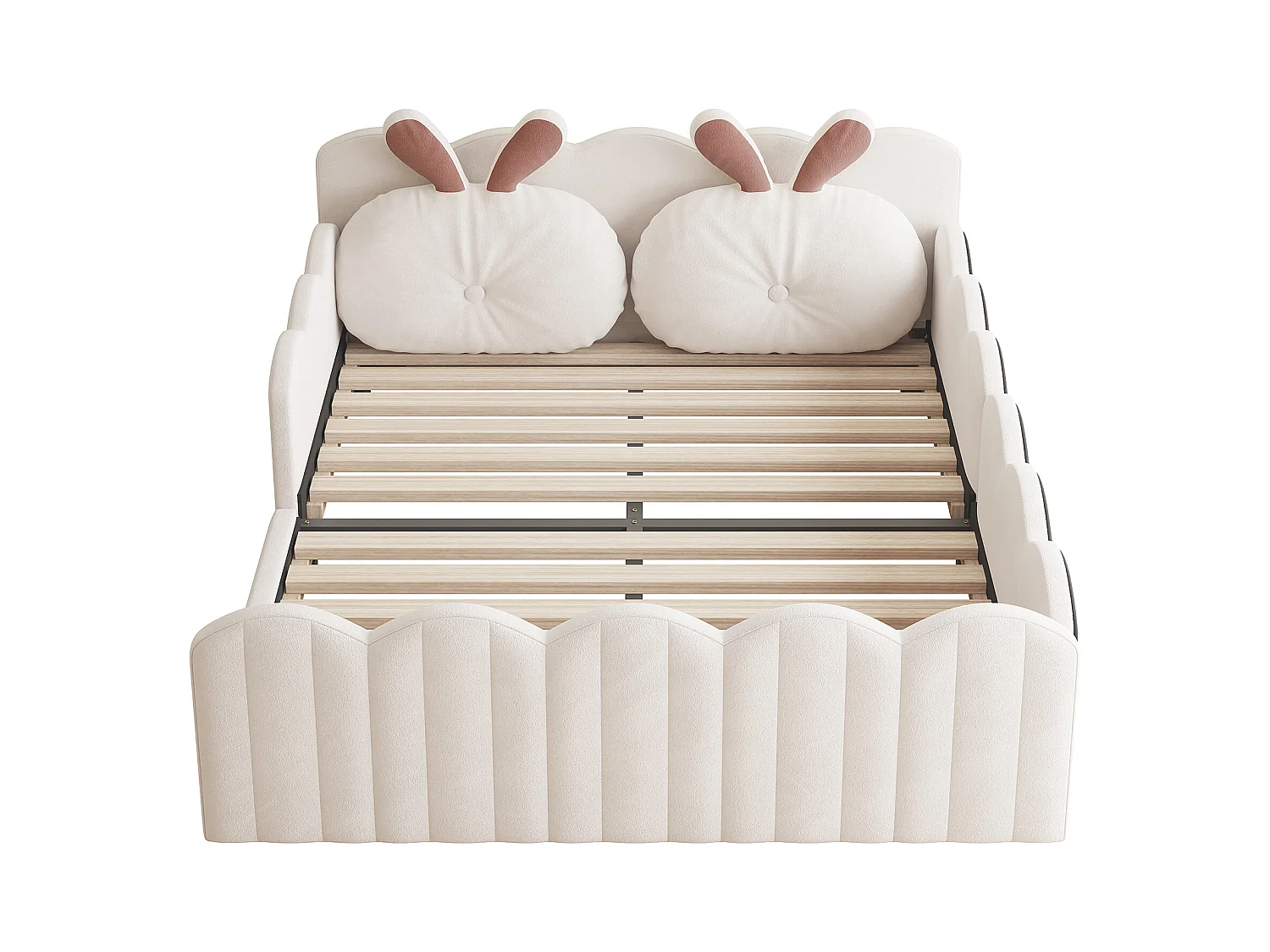 Lit double rembourré 140x200 cm - avec coussins en forme de lapin - avec sommier à lattes - beige(sans matelas)