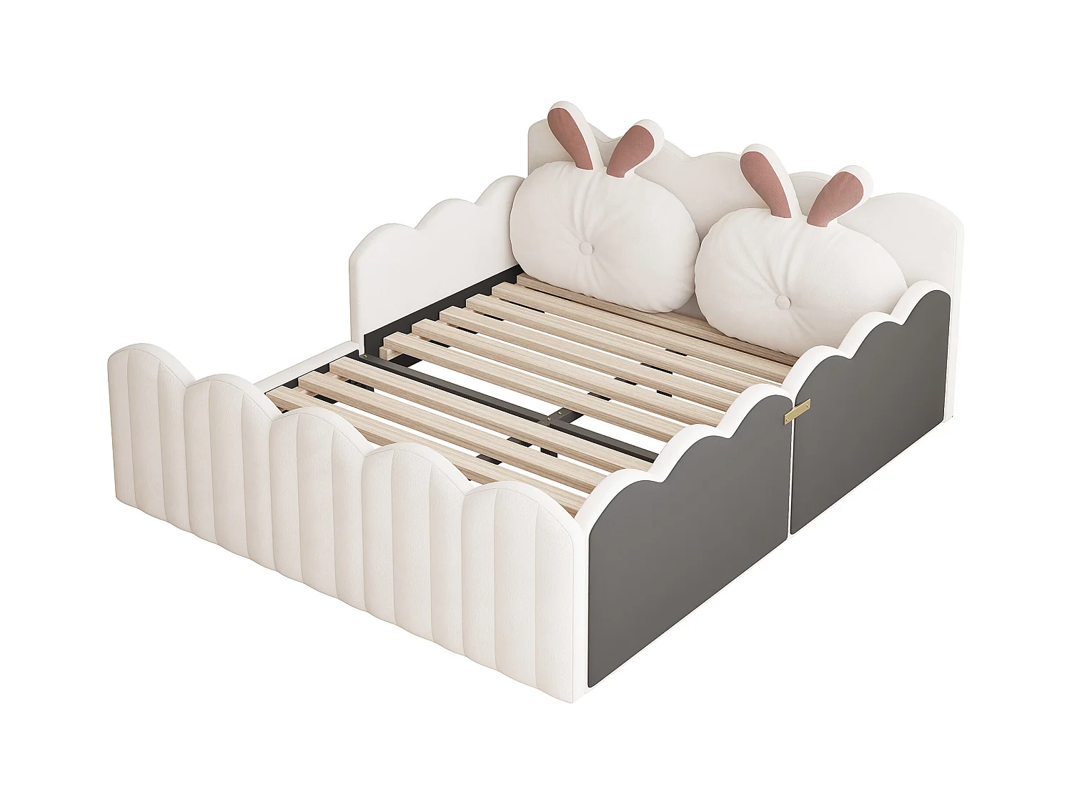 Lit double rembourré 140x200 cm - avec coussins en forme de lapin - avec sommier à lattes - beige(sans matelas)