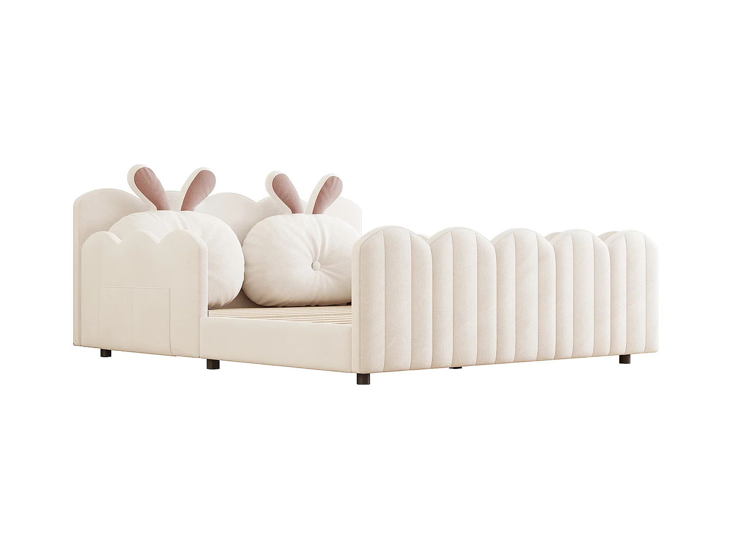 Lit double rembourré 140x200 cm - avec coussins en forme de lapin - avec sommier à lattes - beige(sans matelas)