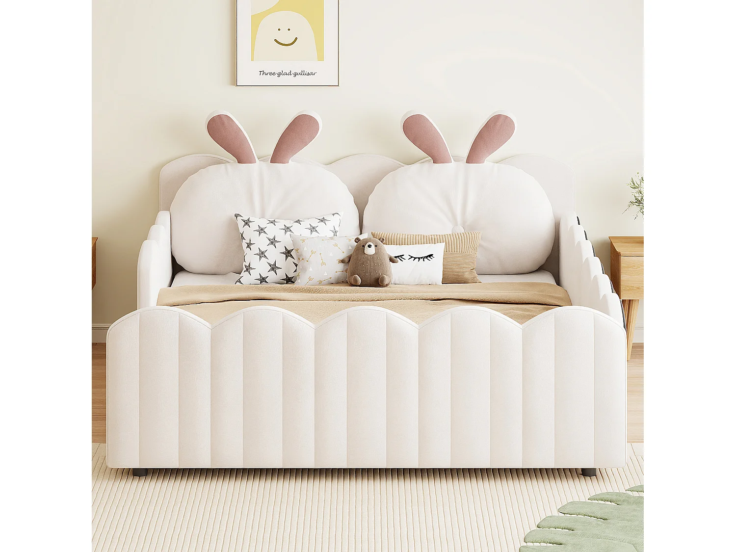 Rozkładane łóżko podwójne 140x200 cm - z poduszkami w kształcie królika - z stelażem sprężynowym - beżowe (bez materaca)