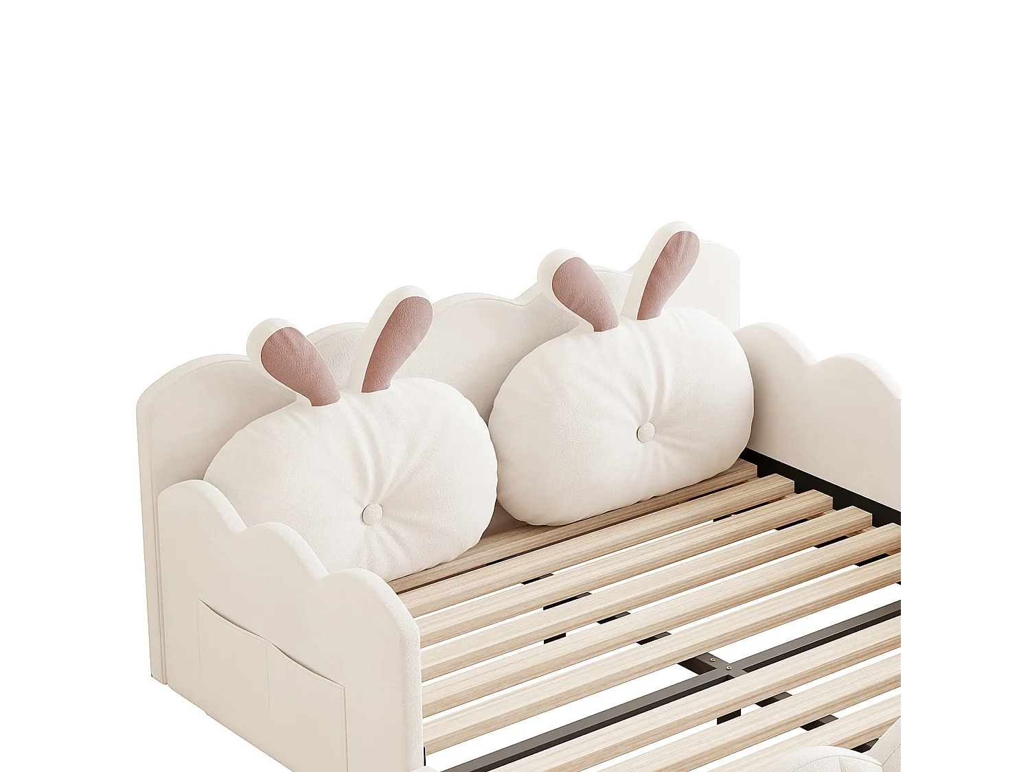 Rozkładane łóżko podwójne 140x200 cm - z poduszkami w kształcie królika - z stelażem sprężynowym - beżowe (bez materaca)