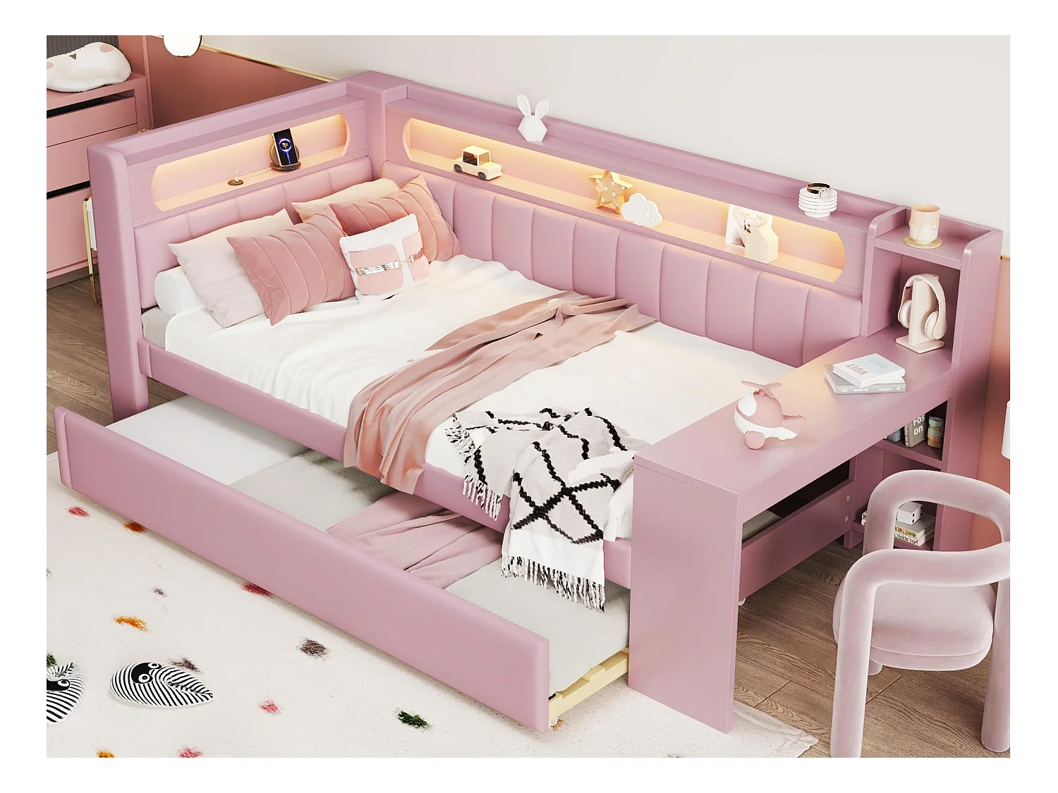 Canapé-lit rembourré 90x200 cm - avec ports USB et LED - avec lit gigogne et bureau - rose(sans matelas)