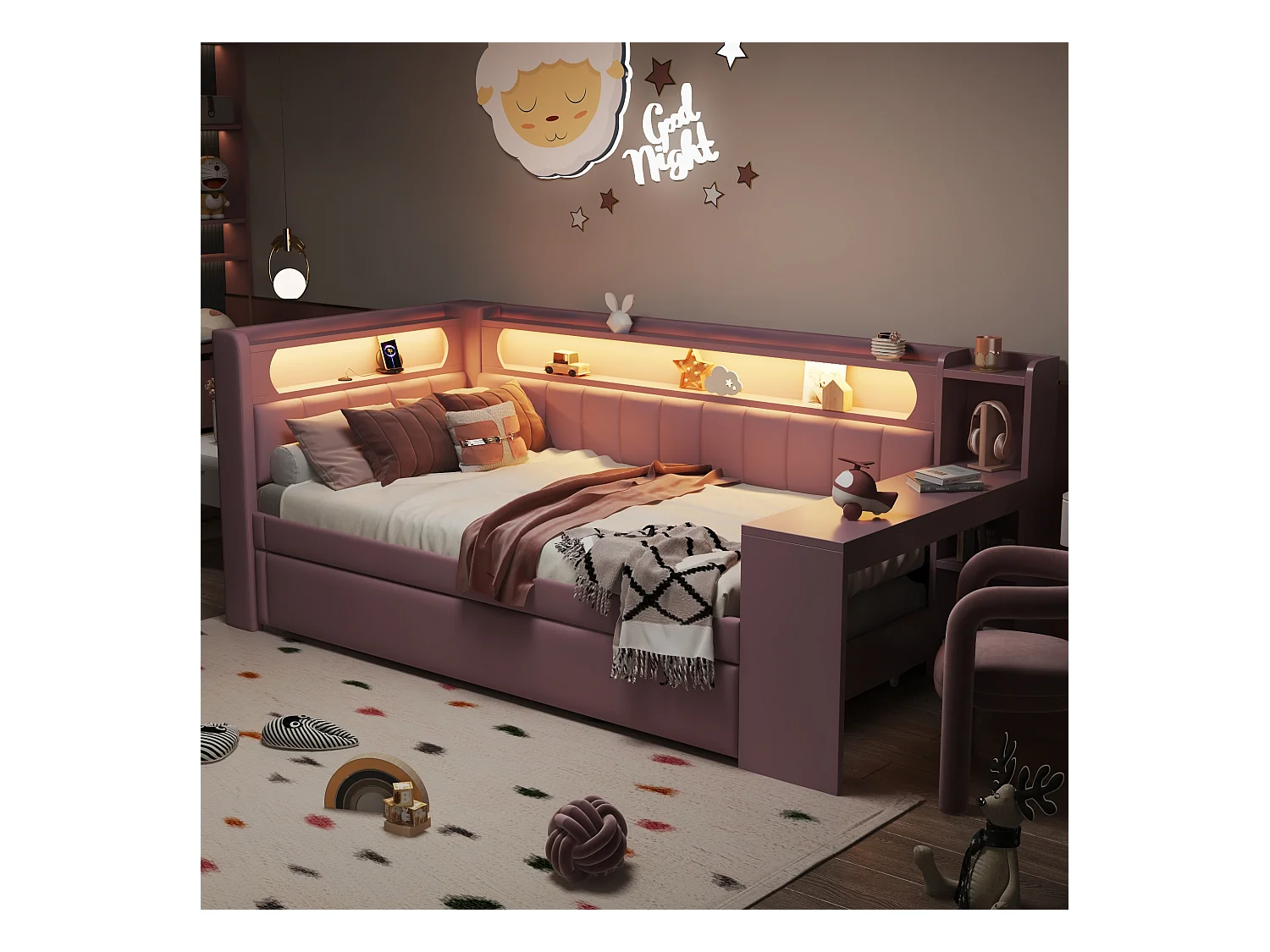 Canapé-lit rembourré 90x200 cm - avec ports USB et LED - avec lit gigogne et bureau - rose(sans matelas)
