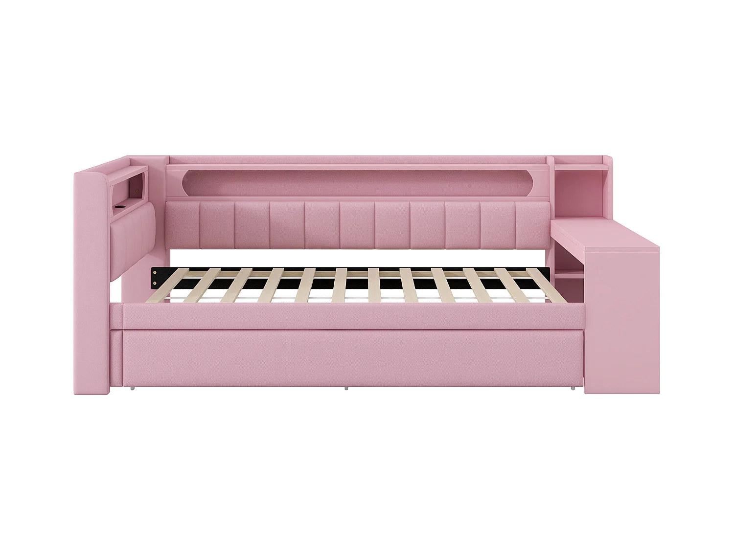 Canapé-lit rembourré 90x200 cm - avec ports USB et LED - avec lit gigogne et bureau - rose(sans matelas)