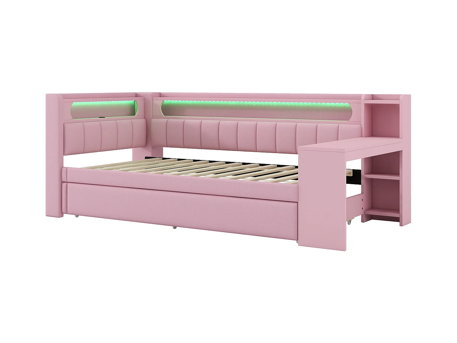 Canapé-lit rembourré 90x200 cm - avec ports USB et LED - avec lit gigogne et bureau - rose(sans matelas)