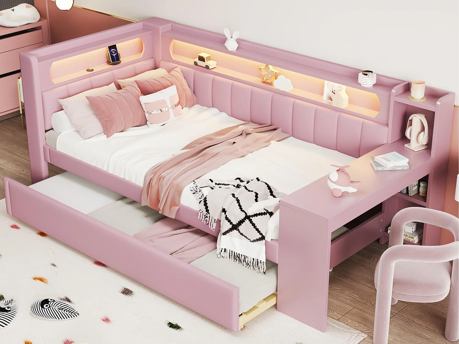 Canapé-lit rembourré 90x200 cm - avec ports USB et LED - avec lit gigogne et bureau - rose(sans matelas)