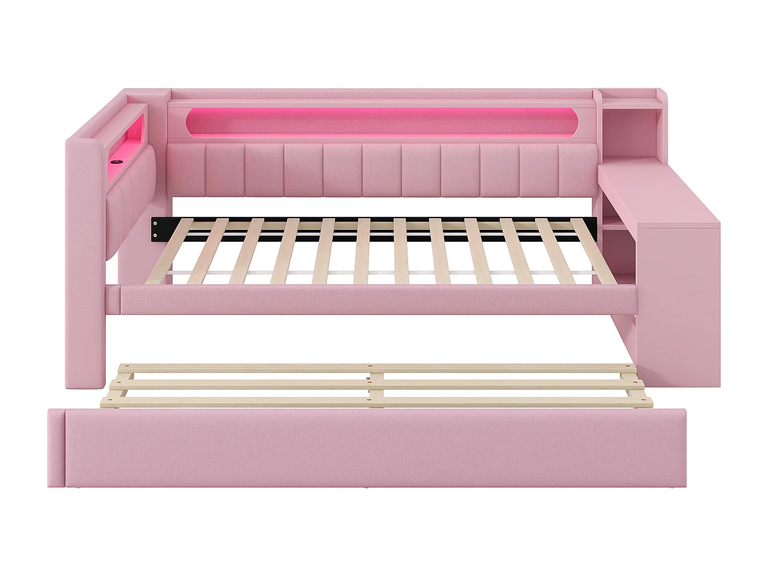 Canapé-lit rembourré 90x200 cm - avec ports USB et LED - avec lit gigogne et bureau - rose(sans matelas)