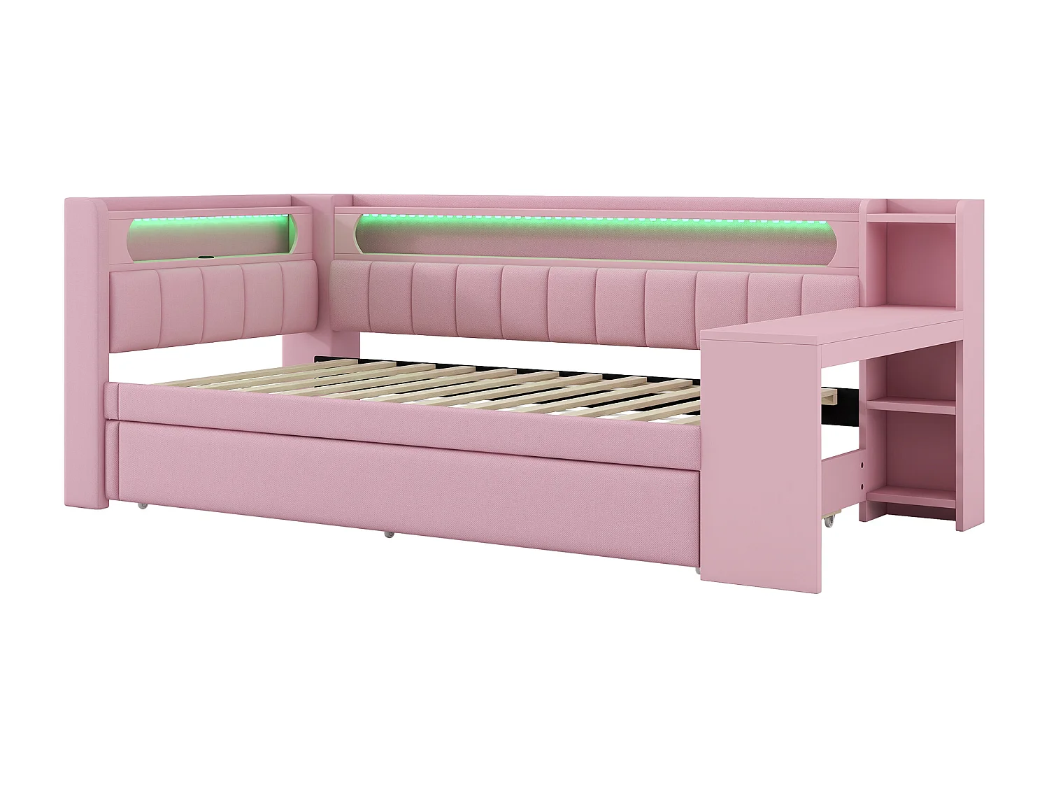 Canapé-lit rembourré 90x200 cm - avec ports USB et LED - avec lit gigogne et bureau - rose(sans matelas)
