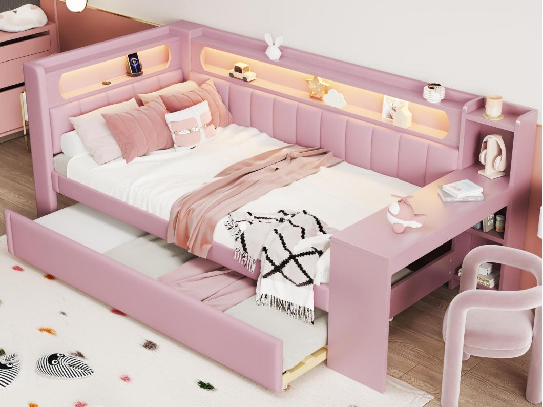 Rozkładana sofa 90x200 cm - z portami USB i LED - z wysuwanym łóżkiem i biurkiem - różowa (bez materaca)