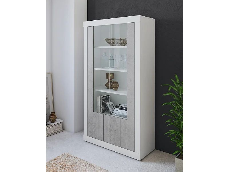 Vetrina Moderna 2 Ante In Vetro Con Pannelli Effetto Legno Libreria Soggiorno Sala da Pranzo Vetrinetta Stile Contemporaneo 104.8 x 41.8 x 191 Cm Grigio Cemento