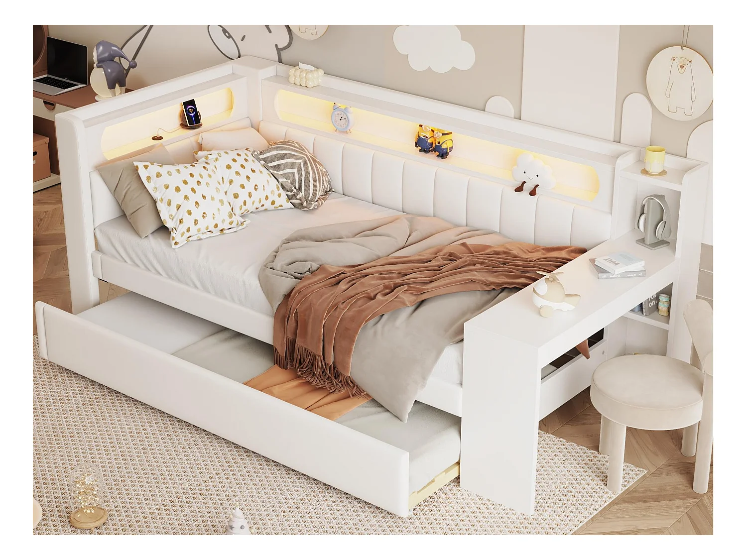 Canapé-lit rembourré 90x200 cm - avec ports USB et LED - avec lit gigogne et bureau - blanc(sans matelas)