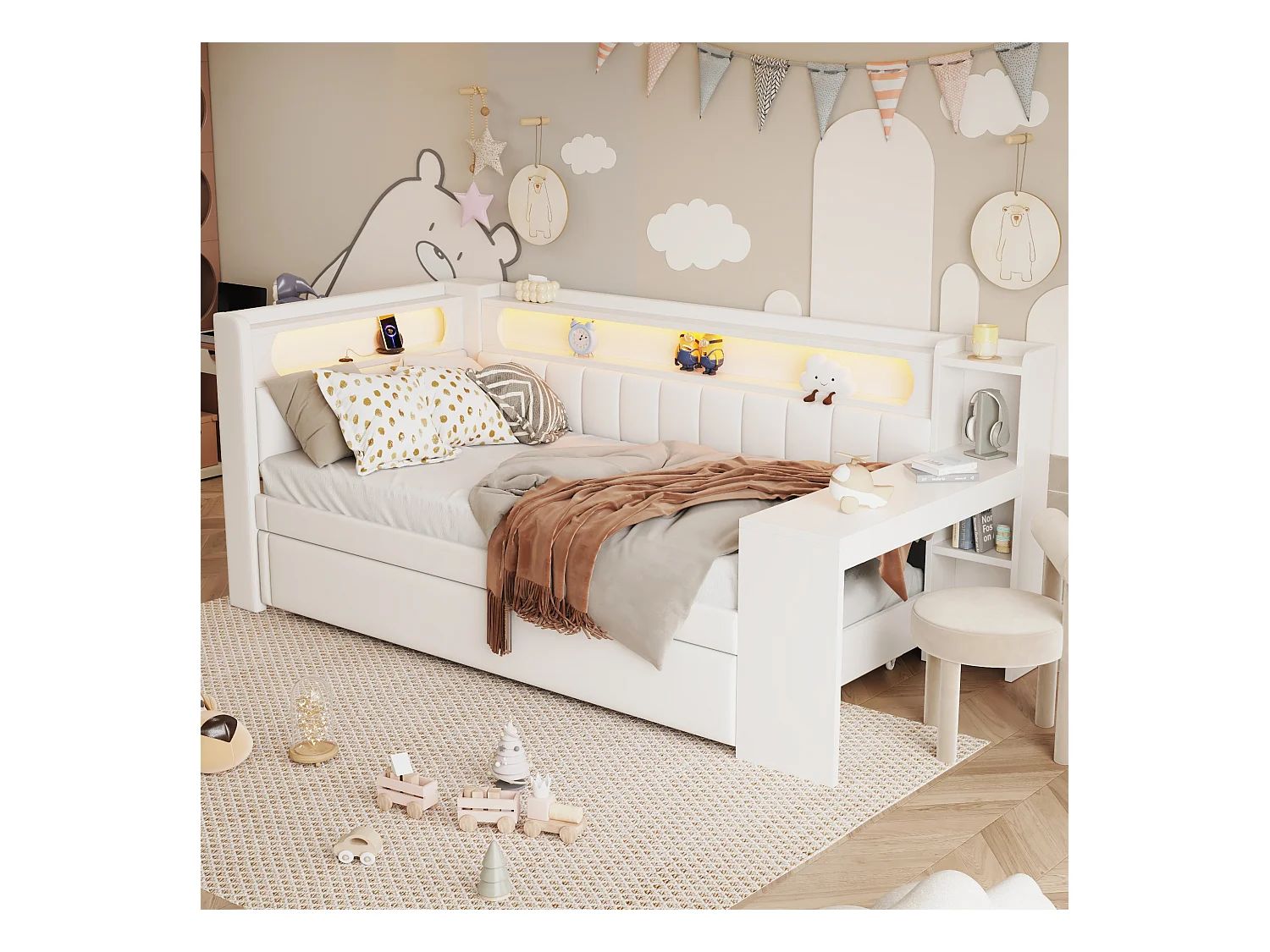 Canapé-lit rembourré 90x200 cm - avec ports USB et LED - avec lit gigogne et bureau - blanc(sans matelas)