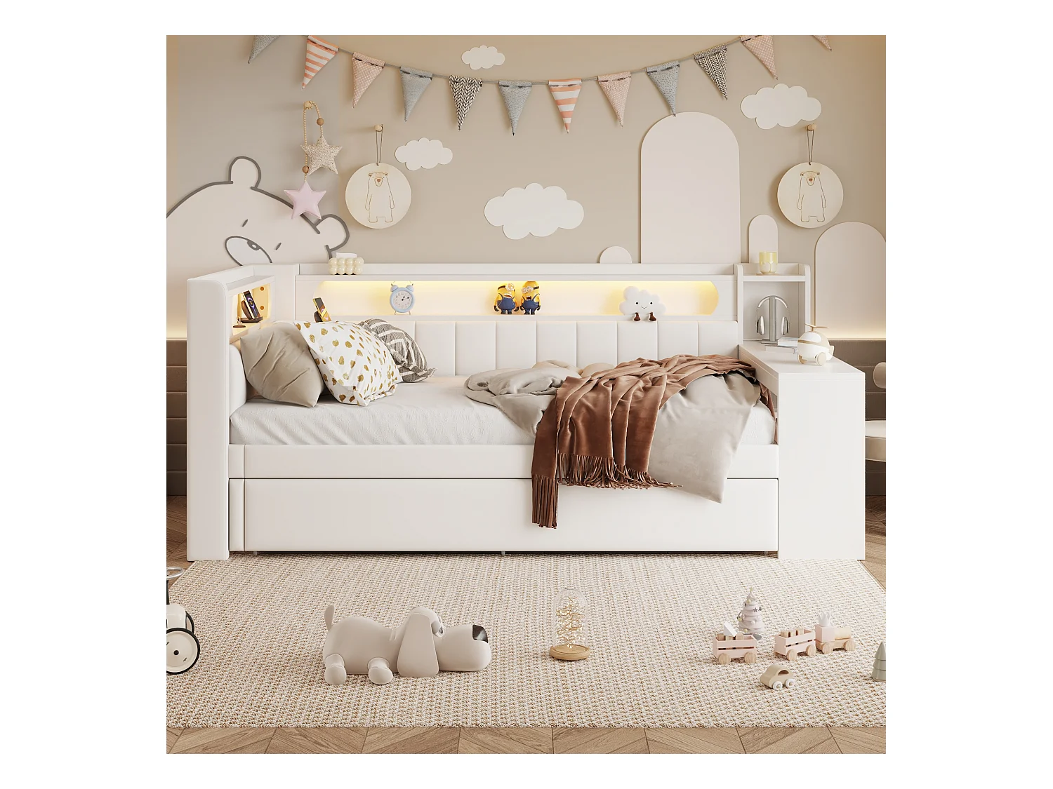 Canapé-lit rembourré 90x200 cm - avec ports USB et LED - avec lit gigogne et bureau - blanc(sans matelas)