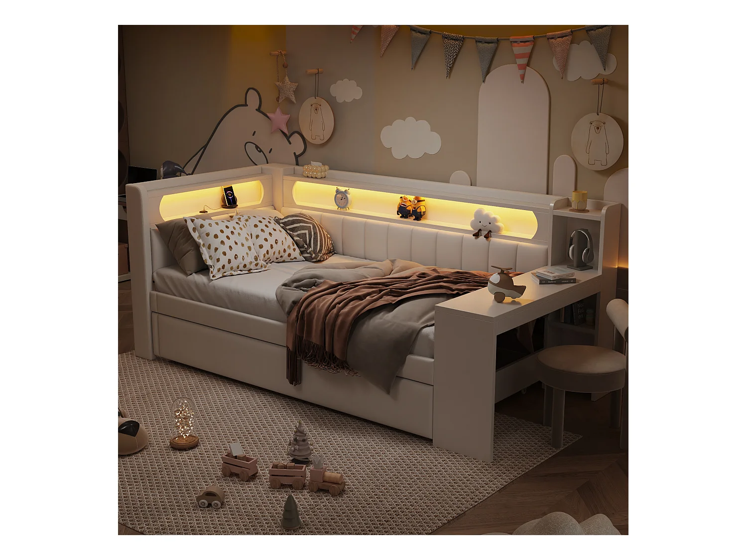 Canapé-lit rembourré 90x200 cm - avec ports USB et LED - avec lit gigogne et bureau - blanc(sans matelas)