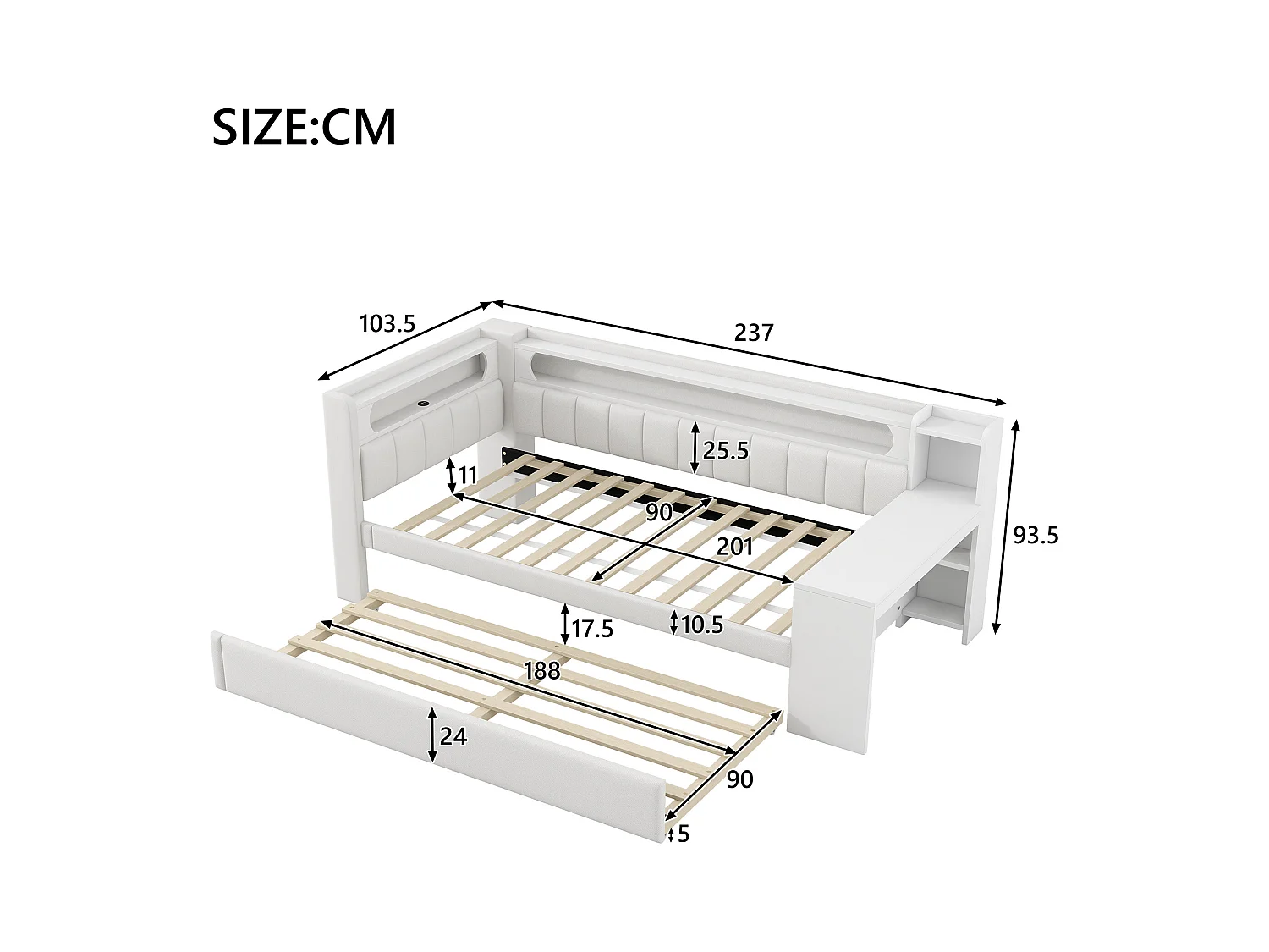 Canapé-lit rembourré 90x200 cm - avec ports USB et LED - avec lit gigogne et bureau - blanc(sans matelas)