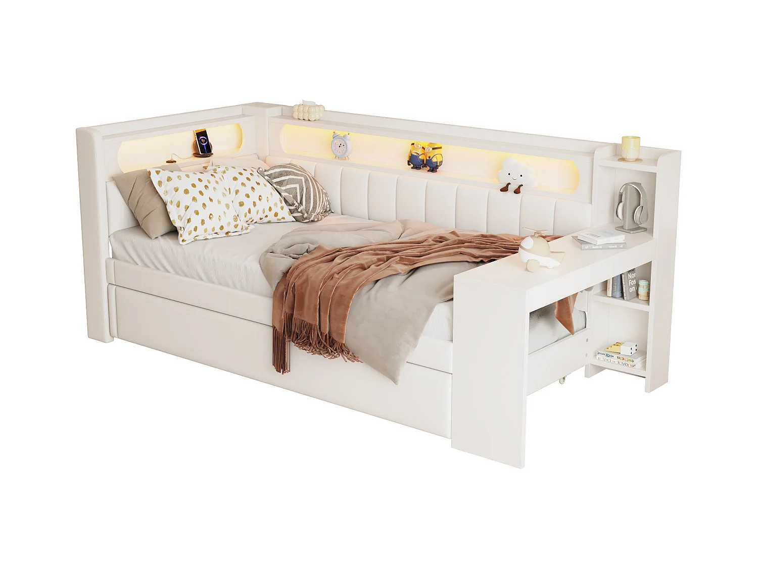 Canapé-lit rembourré 90x200 cm - avec ports USB et LED - avec lit gigogne et bureau - blanc(sans matelas)
