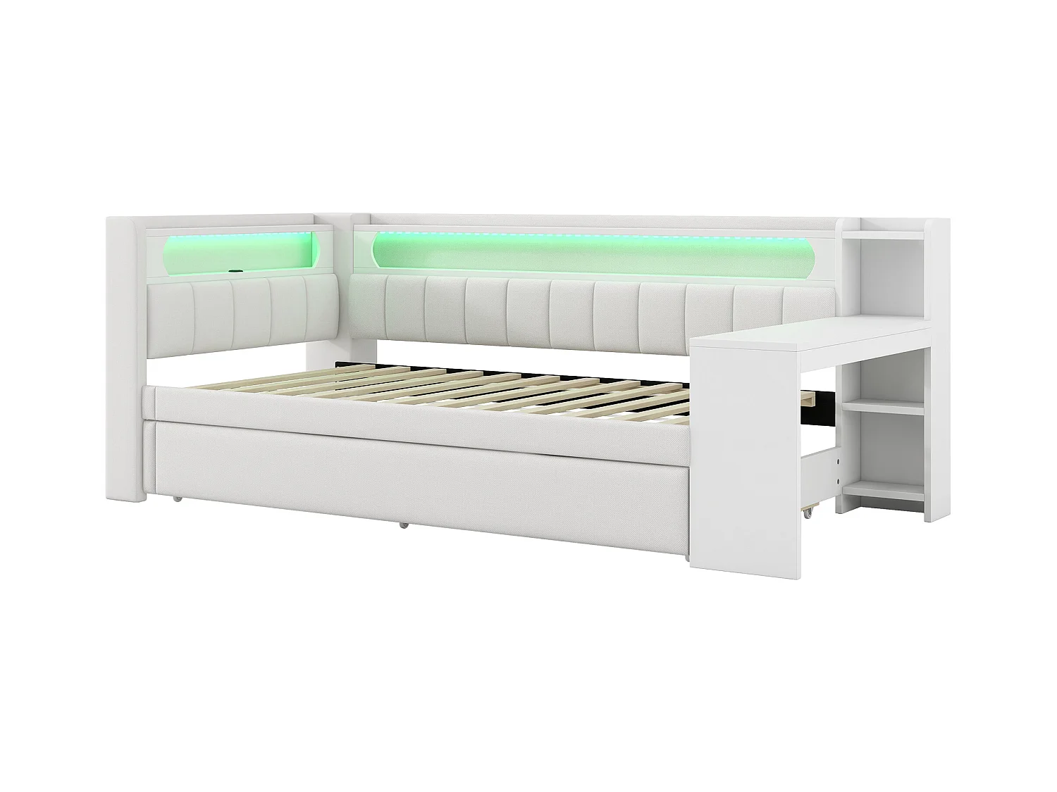 Canapé-lit rembourré 90x200 cm - avec ports USB et LED - avec lit gigogne et bureau - blanc(sans matelas)