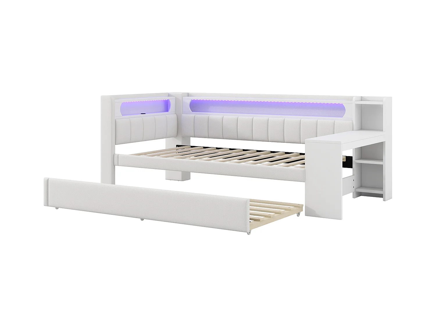 Canapé-lit rembourré 90x200 cm - avec ports USB et LED - avec lit gigogne et bureau - blanc(sans matelas)