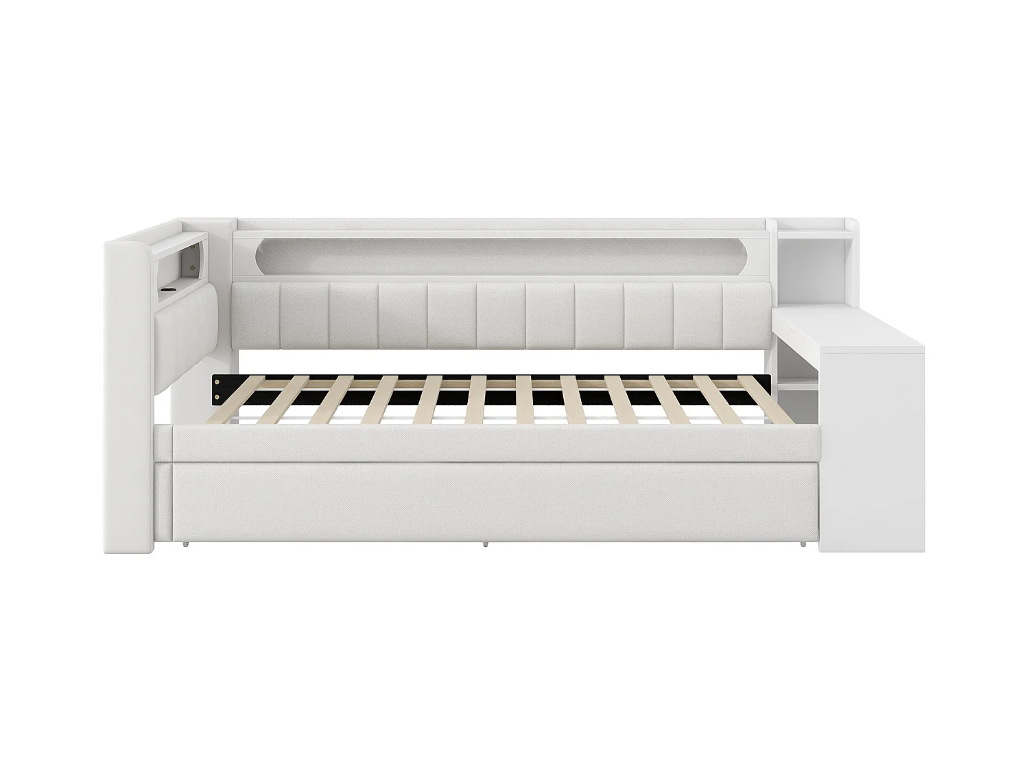 Canapé-lit rembourré 90x200 cm - avec ports USB et LED - avec lit gigogne et bureau - blanc(sans matelas)