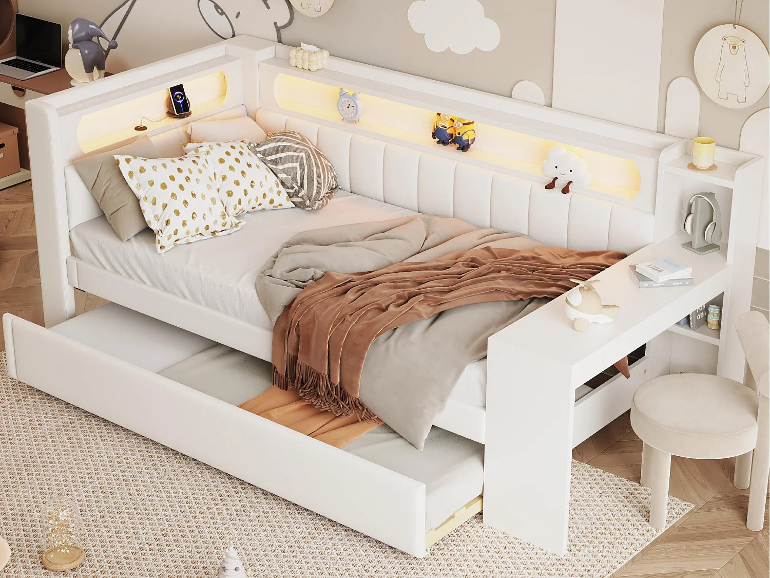 Canapé-lit rembourré 90x200 cm - avec ports USB et LED - avec lit gigogne et bureau - blanc(sans matelas)