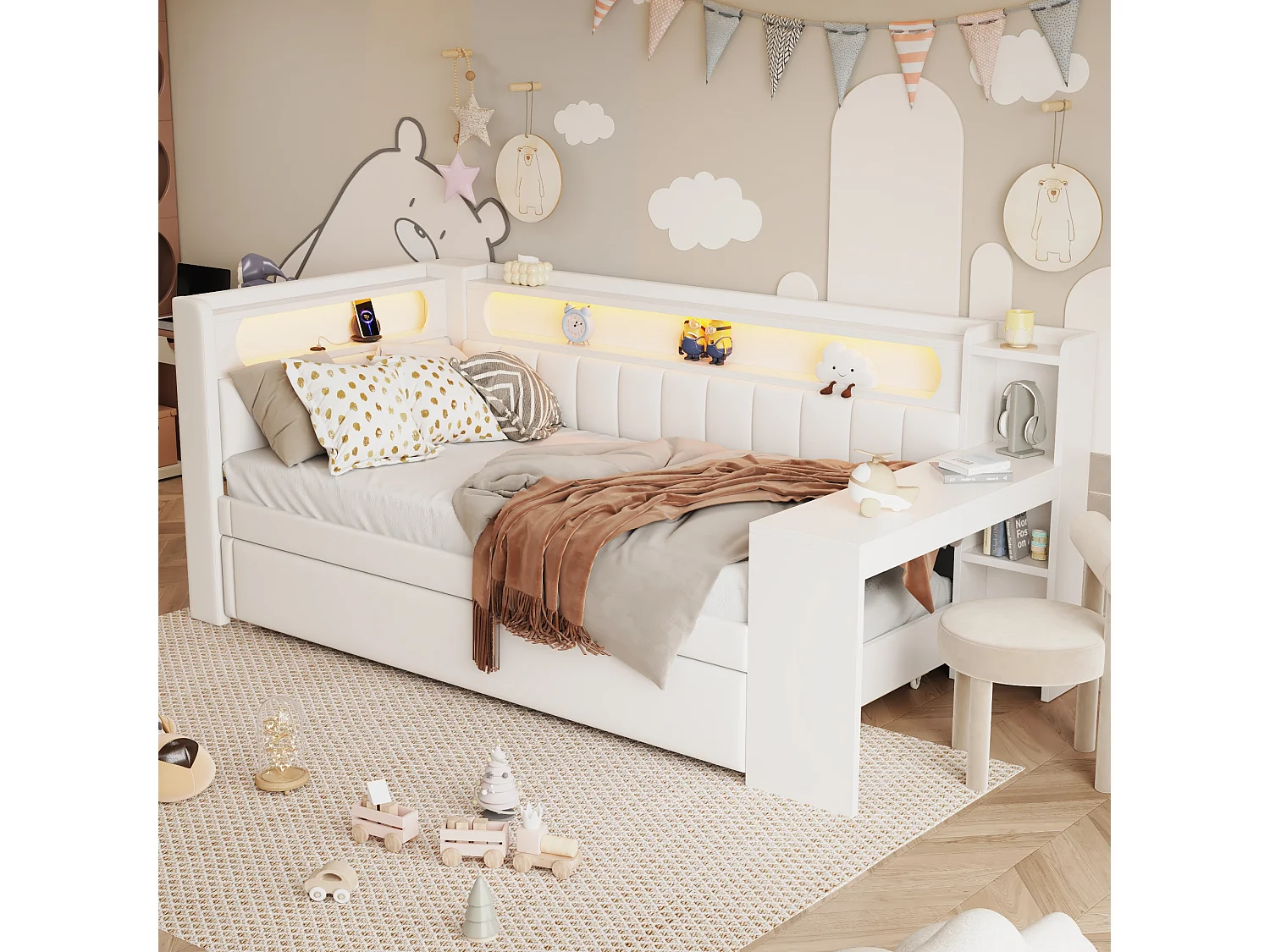 Canapé-lit rembourré 90x200 cm - avec ports USB et LED - avec lit gigogne et bureau - blanc(sans matelas)