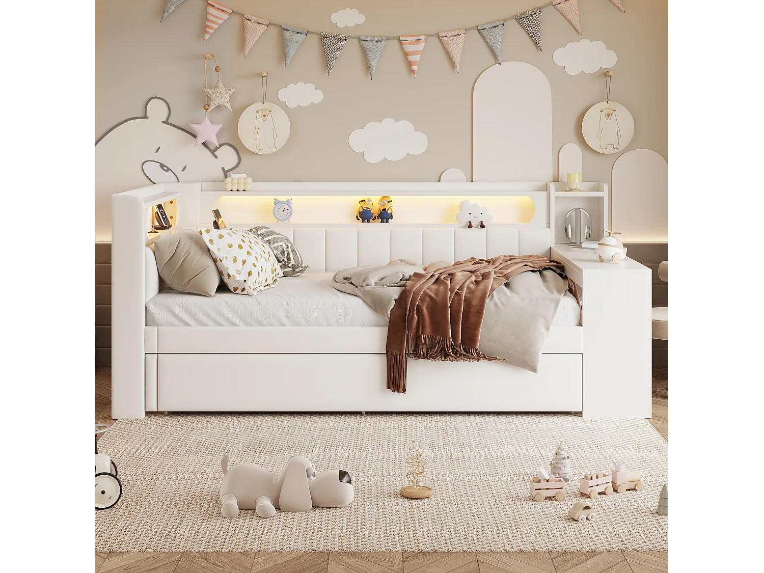 Canapé-lit rembourré 90x200 cm - avec ports USB et LED - avec lit gigogne et bureau - blanc(sans matelas)