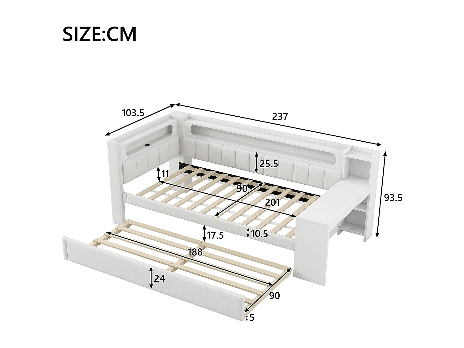 Canapé-lit rembourré 90x200 cm - avec ports USB et LED - avec lit gigogne et bureau - blanc(sans matelas)