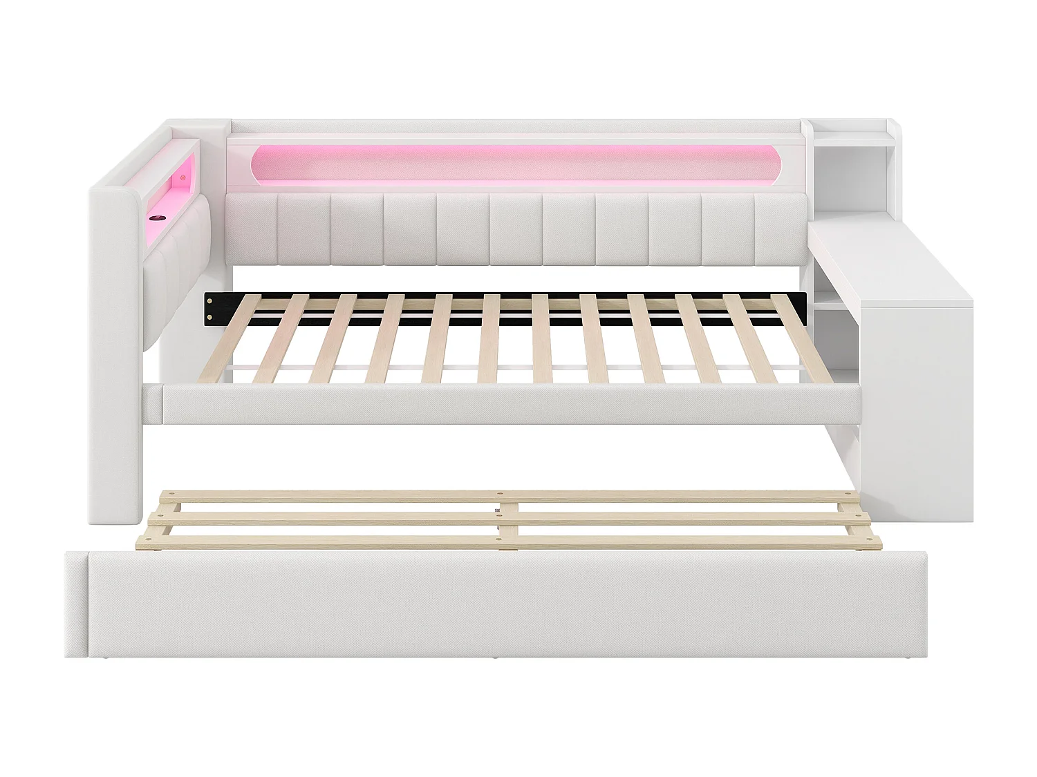 Canapé-lit rembourré 90x200 cm - avec ports USB et LED - avec lit gigogne et bureau - blanc(sans matelas)