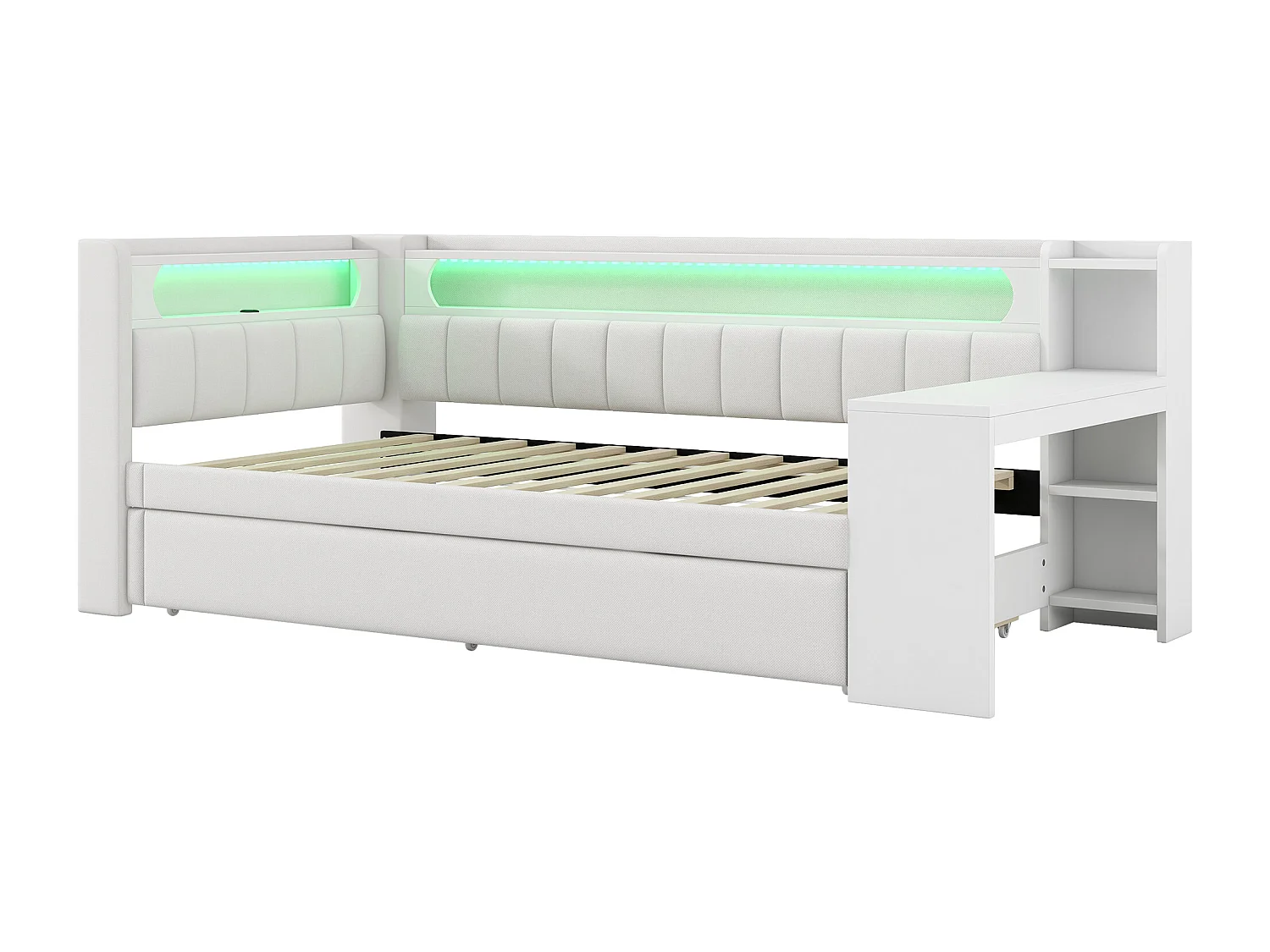 Canapé-lit rembourré 90x200 cm - avec ports USB et LED - avec lit gigogne et bureau - blanc(sans matelas)