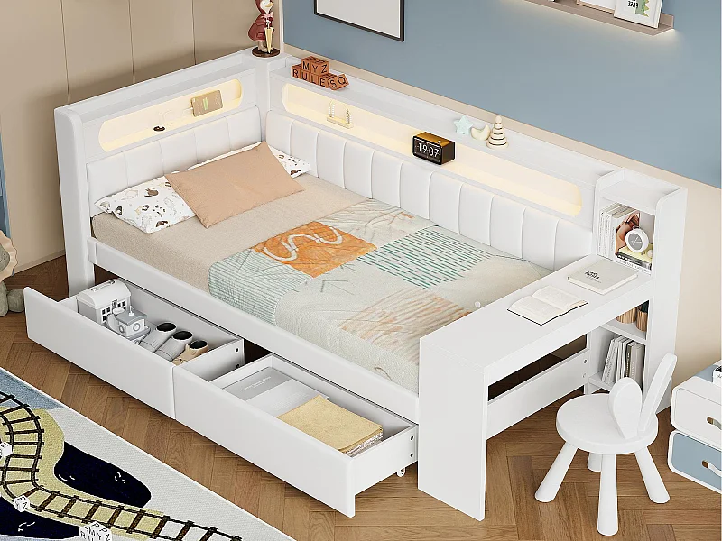 Cama convertible acolchada 90x200 cm - con puertos USB y LED - con escritorio y 2 cajones - blanco (sin colchón)