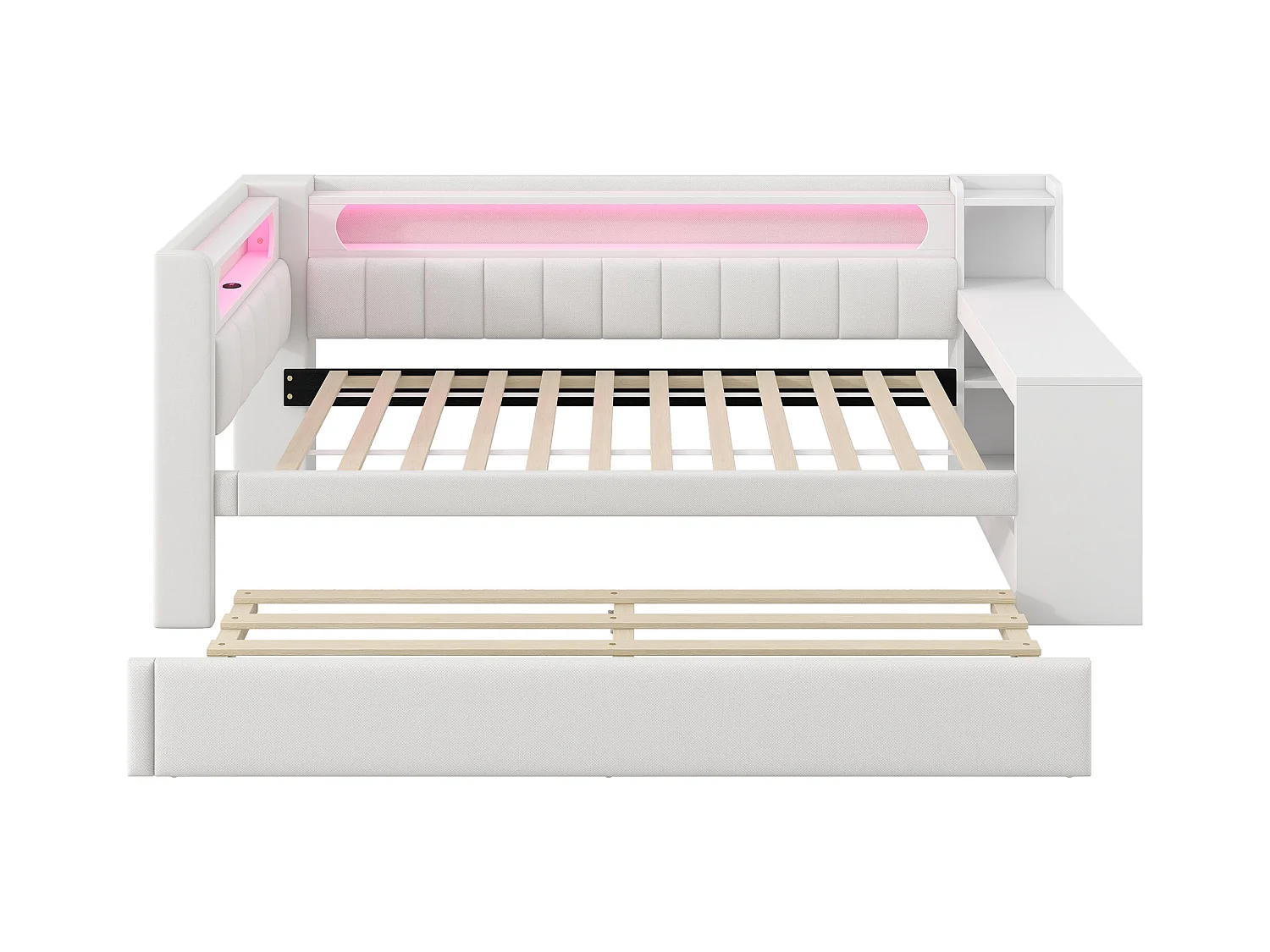 Canapé-lit rembourré 90x200 cm - avec ports USB et LED - avec bureau et 2 tiroirs - blanc(sans matelas)