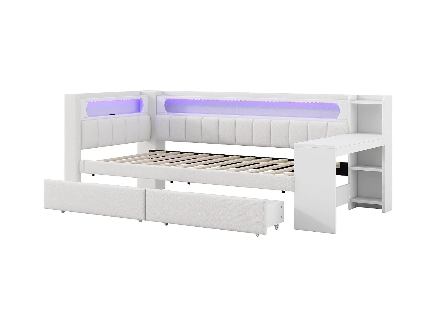 Canapé-lit rembourré 90x200 cm - avec ports USB et LED - avec bureau et 2 tiroirs - blanc(sans matelas)