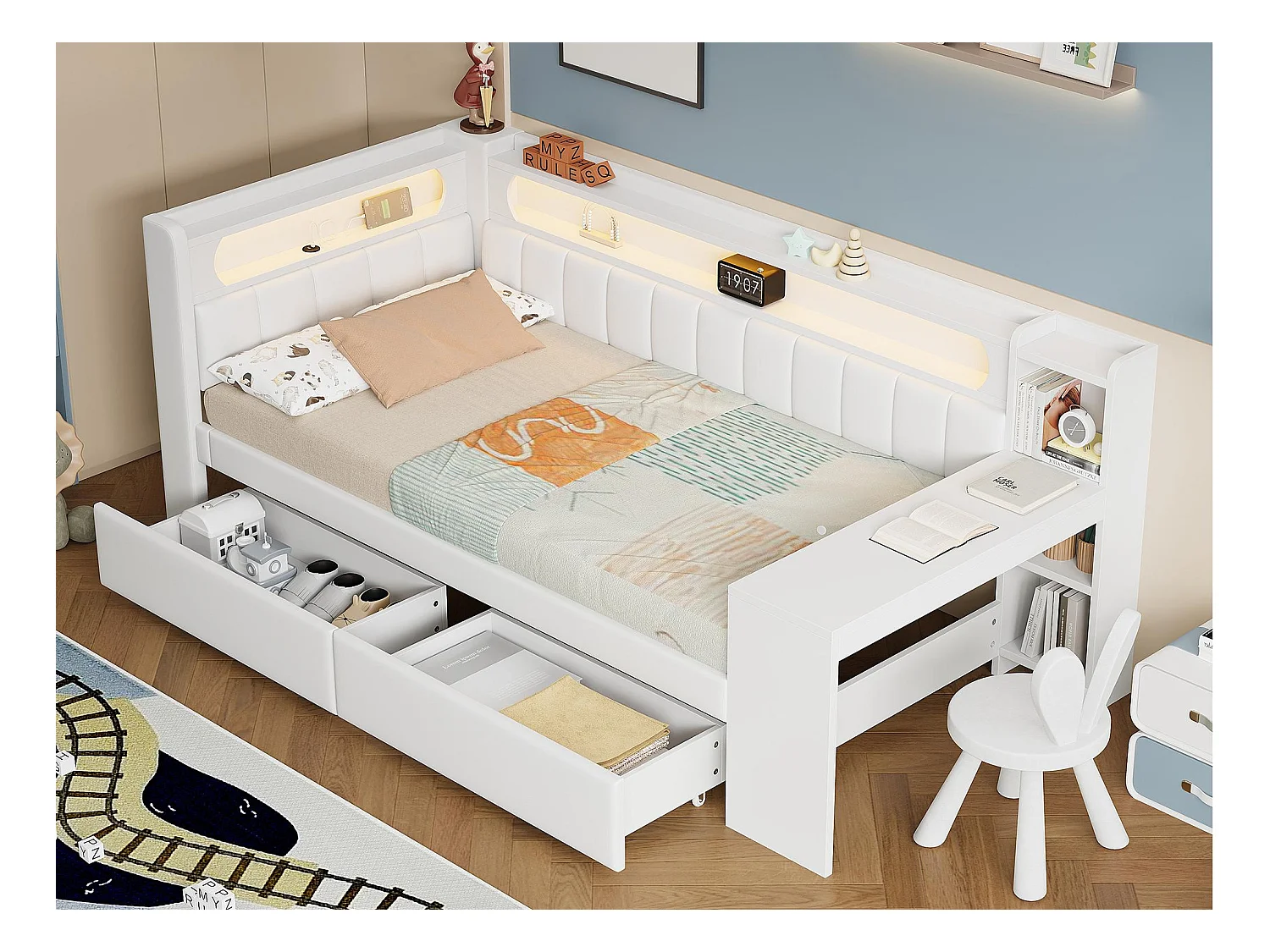 Cama convertible acolchada 90x200 cm - con puertos USB y LED - con escritorio y 2 cajones - blanco (sin colchón)