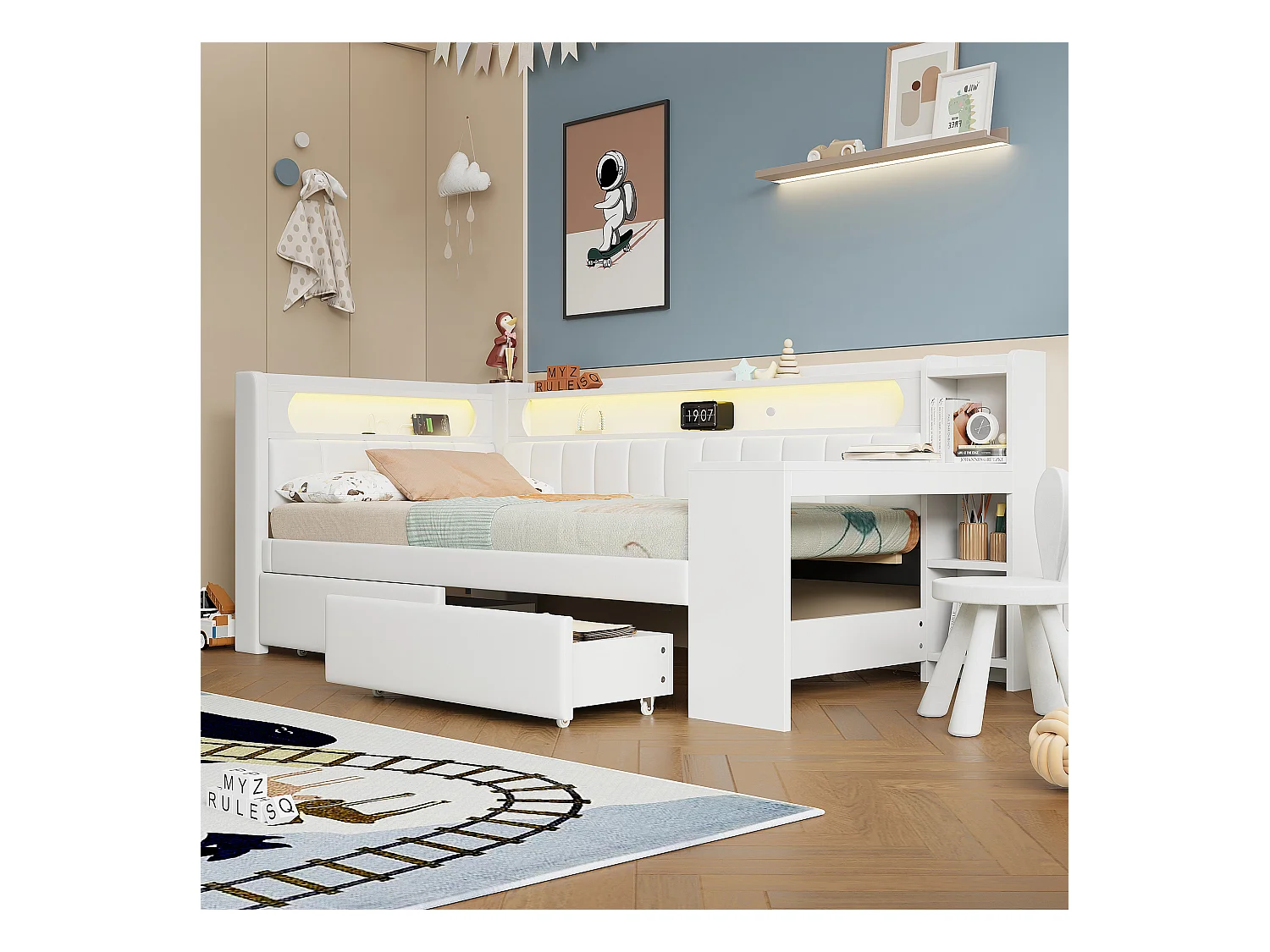 Polsterbett 90x200 cm - mit USB-Anschlüssen und LED - mit Schreibtisch und 2 Schubladen - weiß (ohne Matratze)