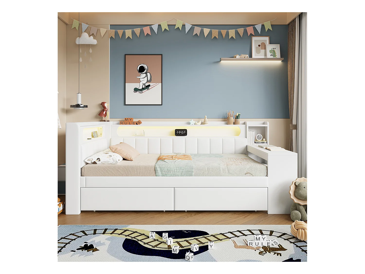 Polsterbett 90x200 cm - mit USB-Anschlüssen und LED - mit Schreibtisch und 2 Schubladen - weiß (ohne Matratze)