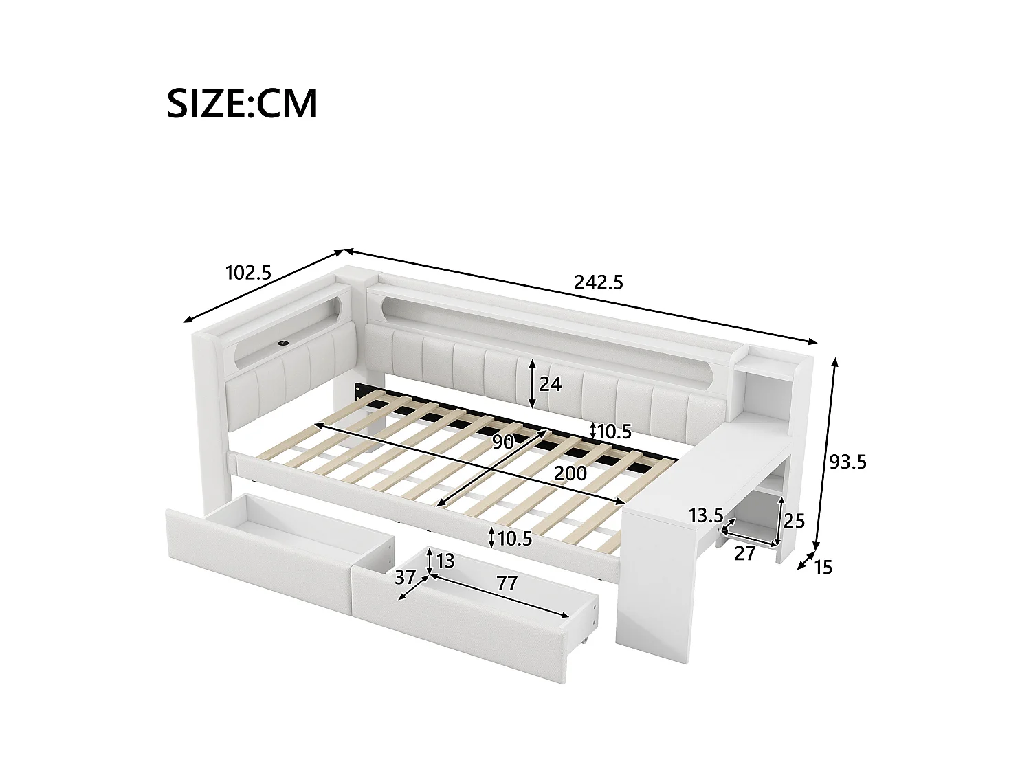 Polsterbett 90x200 cm - mit USB-Anschlüssen und LED - mit Schreibtisch und 2 Schubladen - weiß (ohne Matratze)