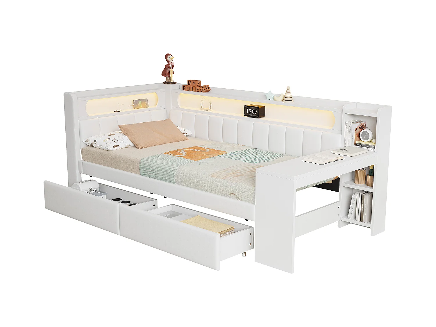 Polsterbett 90x200 cm - mit USB-Anschlüssen und LED - mit Schreibtisch und 2 Schubladen - weiß (ohne Matratze)