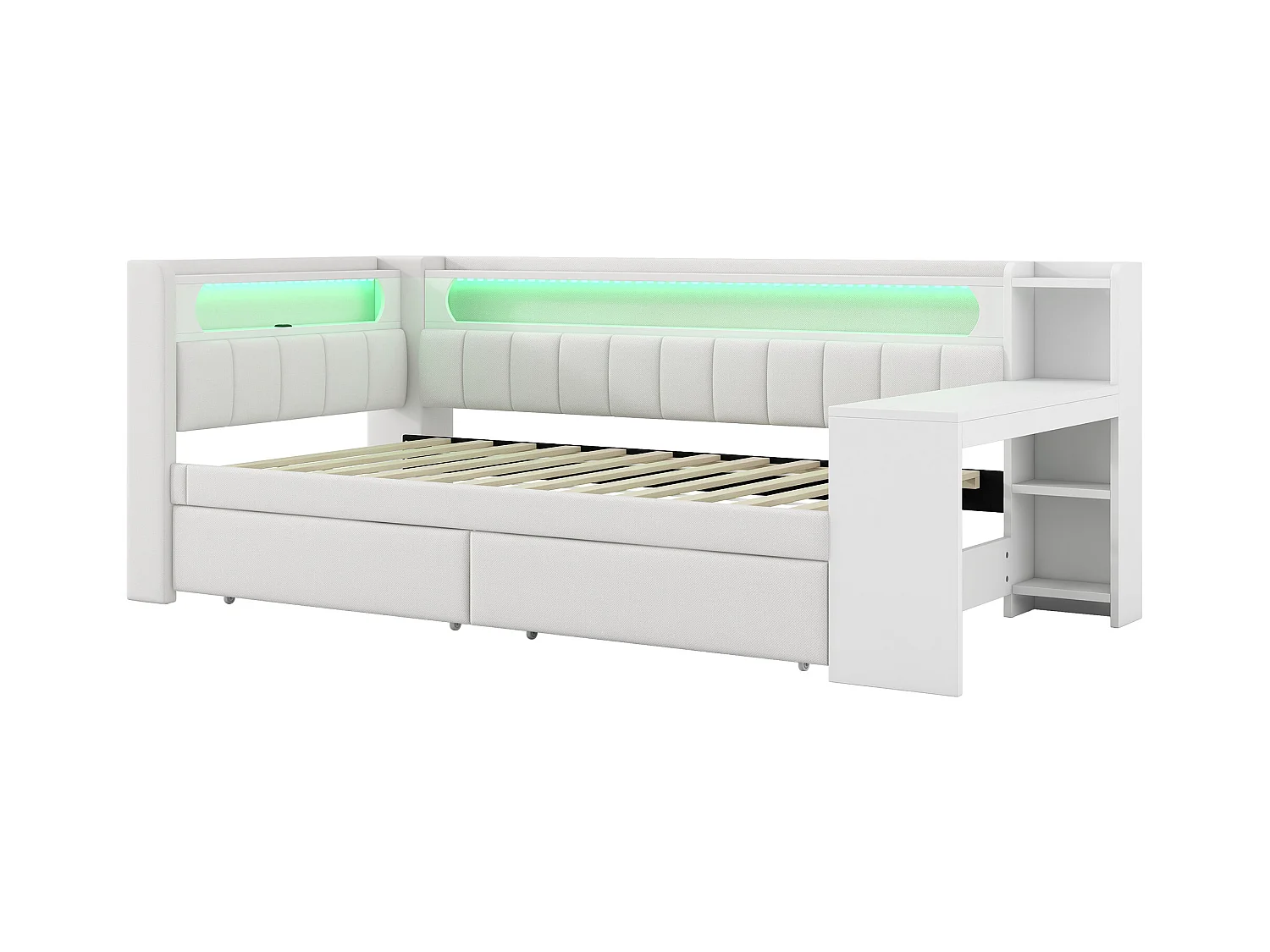 Polsterbett 90x200 cm - mit USB-Anschlüssen und LED - mit Schreibtisch und 2 Schubladen - weiß (ohne Matratze)