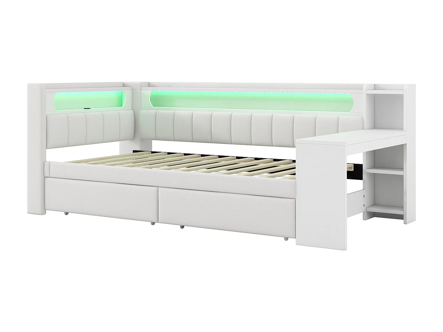 Canapé-lit rembourré 90x200 cm - avec ports USB et LED - avec bureau et 2 tiroirs - blanc(sans matelas)