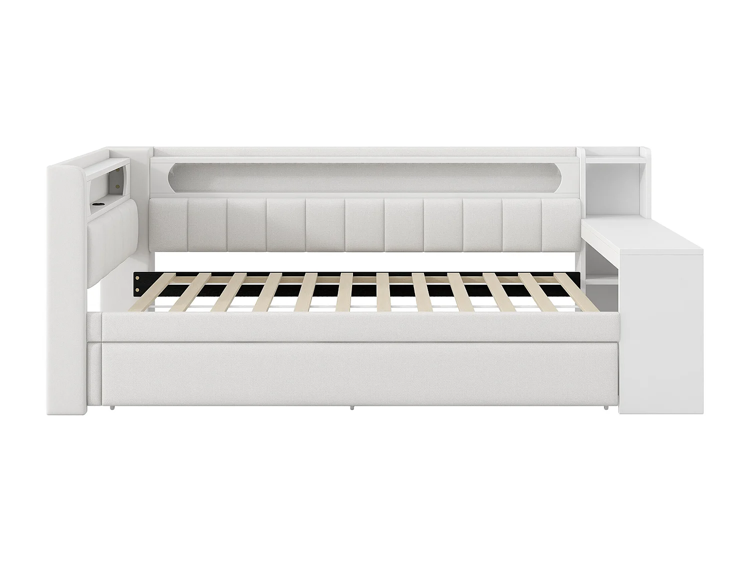 Canapé-lit rembourré 90x200 cm - avec ports USB et LED - avec bureau et 2 tiroirs - blanc(sans matelas)